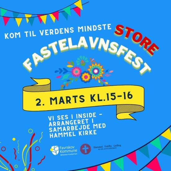 teksten "kom til verdens mindste store fastelavnsfest 2. marts kl.15-16" ses på en blå baggrund med festlige guirlander og konfettistrimler i flotte farver