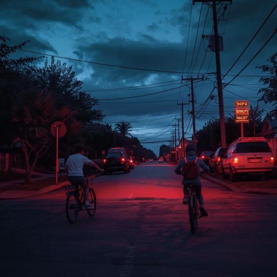 To drenge, der cykler om aftenen på en rødt-oplyst vej