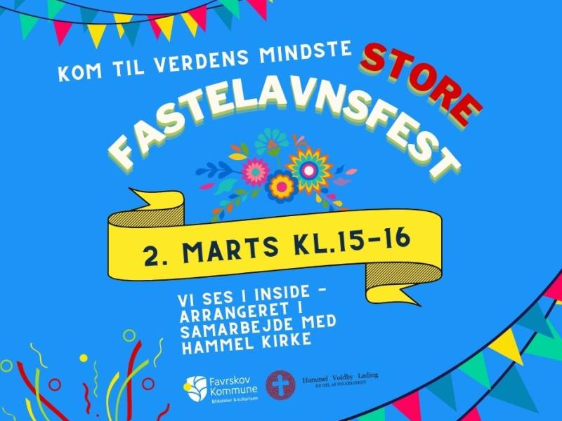 teksten "kom til verdens mindste store fastelavnsfest 2. marts kl.15-16" ses på en blå baggrund med festlige guirlander og konfettistrimler i flotte farver