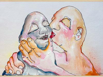 "Lovebirds" maleri af Lisa Klok