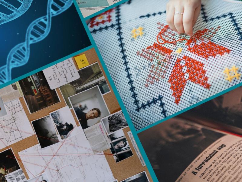 Collage af forskellige billeder - af DNA, opslagstavle, historiebog, broderi