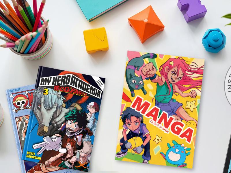 Bogpjece omhandlende Manga der ligger på et bord 