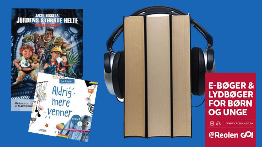 Billede af bogstak og høretelefoner. E-bøger og lydbøger for børn og unge