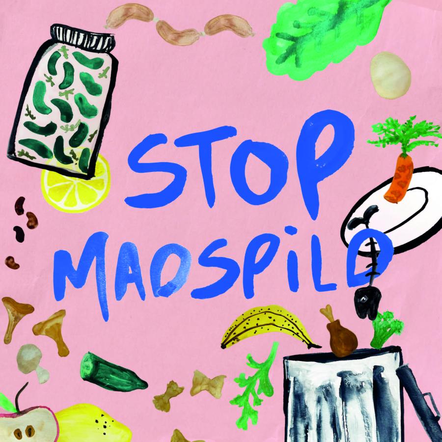 Tegning af skraldespand og malet skrift, hvor der står 'Stop madspild'